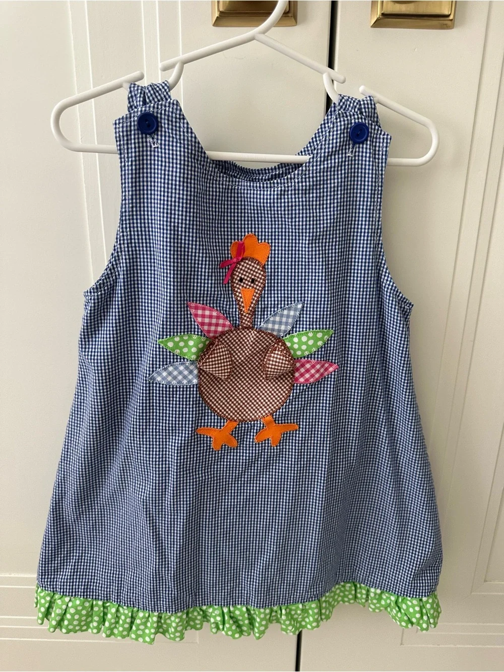 Reversible Blue Gingham Pumpkin & Turkey Appliqué Kids Dress - 2-in-1! 🎃🦃